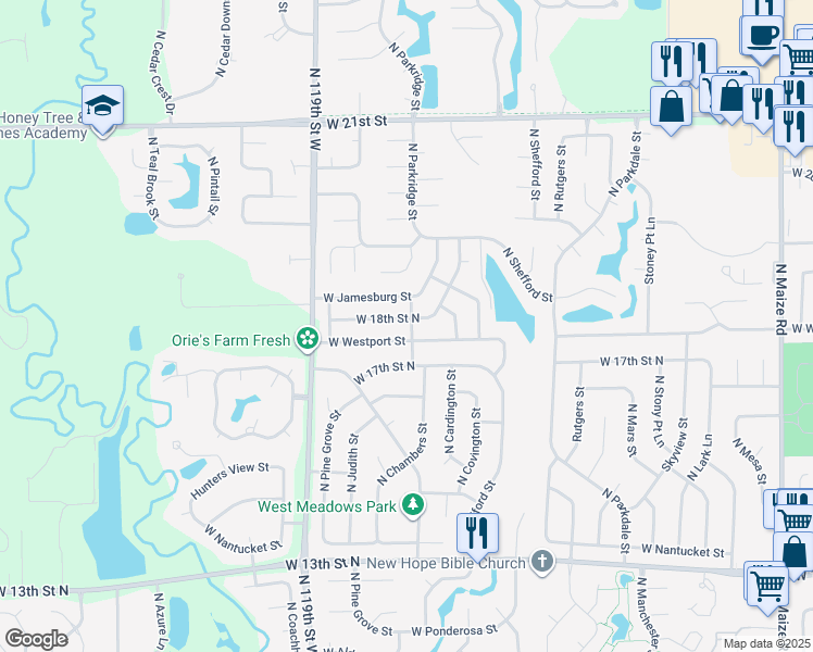 map of restaurants, bars, coffee shops, grocery stores, and more near 11613 West 18th Street North in Wichita