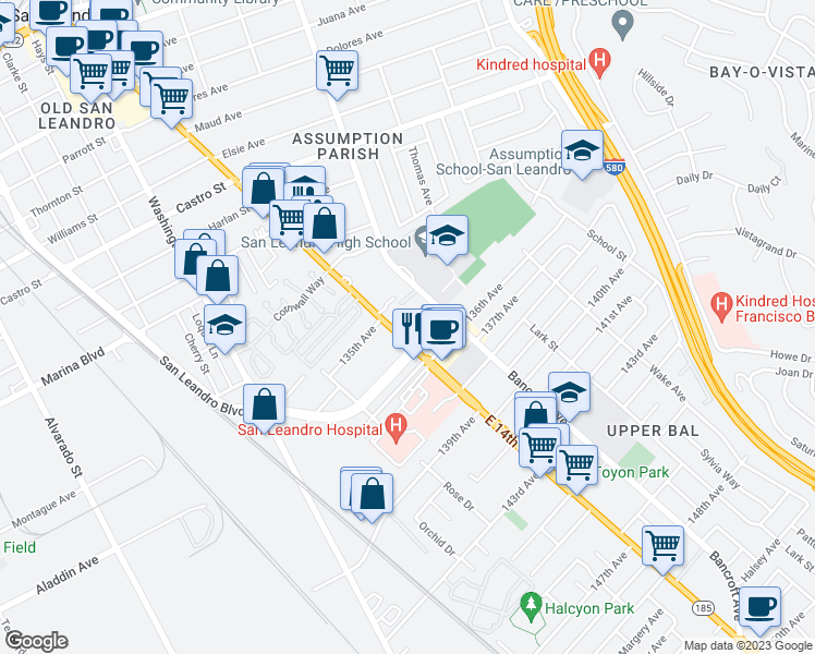 map of restaurants, bars, coffee shops, grocery stores, and more near 13730 East 14th Street in San Leandro
