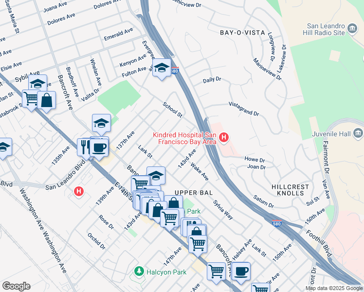 map of restaurants, bars, coffee shops, grocery stores, and more near 1723 142nd Avenue in San Leandro