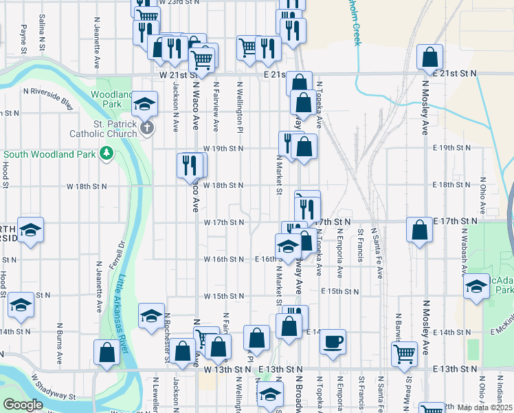 map of restaurants, bars, coffee shops, grocery stores, and more near 1818 North Park Place in Wichita