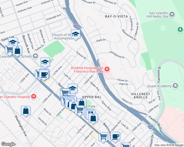 map of restaurants, bars, coffee shops, grocery stores, and more near 1757 143rd Avenue in San Leandro
