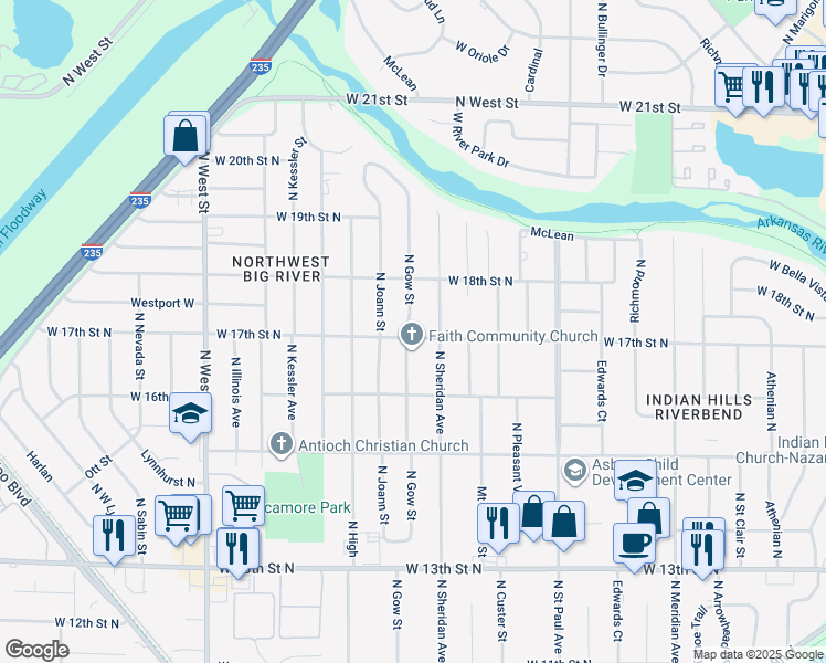 map of restaurants, bars, coffee shops, grocery stores, and more near 1802 North Gow Street in Wichita
