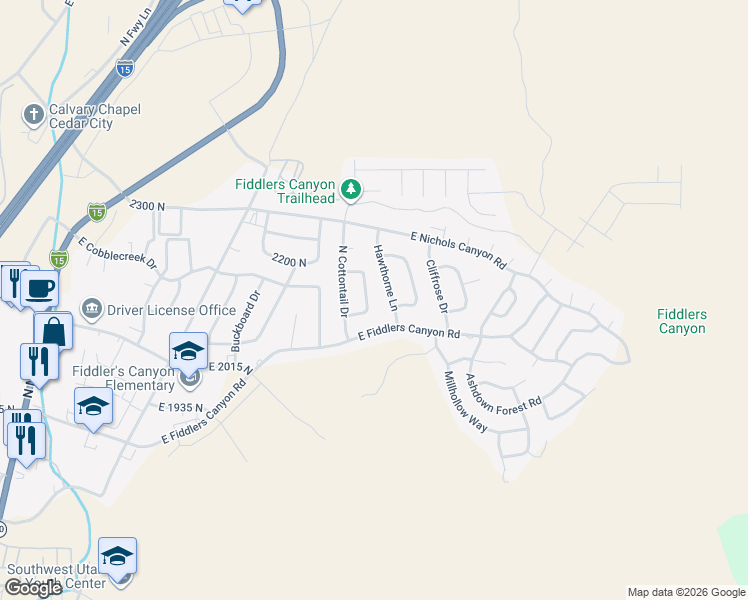 map of restaurants, bars, coffee shops, grocery stores, and more near 2130 N Bandtail Cir in Cedar City
