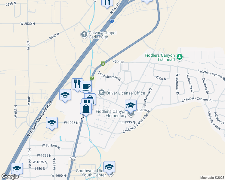 map of restaurants, bars, coffee shops, grocery stores, and more near 321 East 2100 North Circle in Cedar City