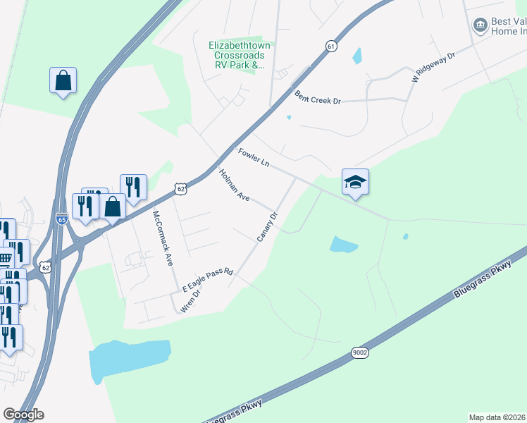map of restaurants, bars, coffee shops, grocery stores, and more near 2-198 Holman Avenue in Elizabethtown