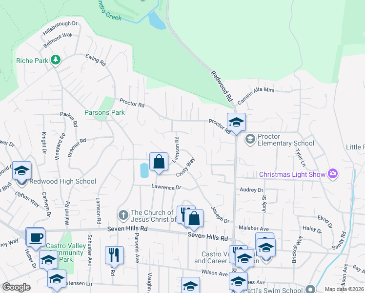 map of restaurants, bars, coffee shops, grocery stores, and more near 4673 Cristy Way in Castro Valley