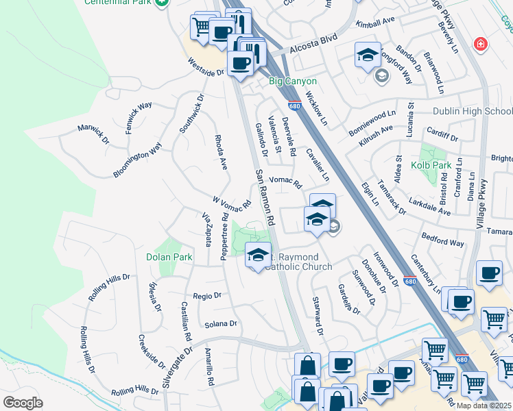map of restaurants, bars, coffee shops, grocery stores, and more near 8146 Vomac Court in Dublin