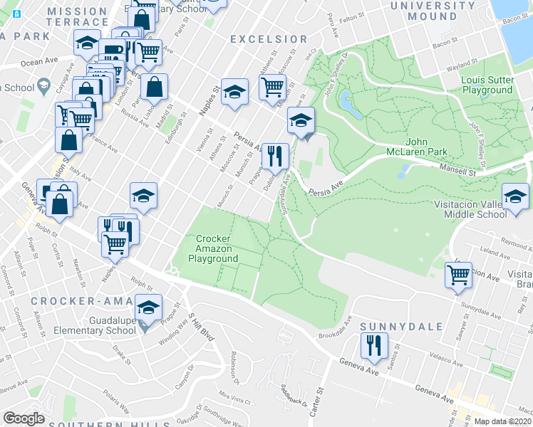 map of restaurants, bars, coffee shops, grocery stores, and more near 634 La Grande Avenue in San Francisco