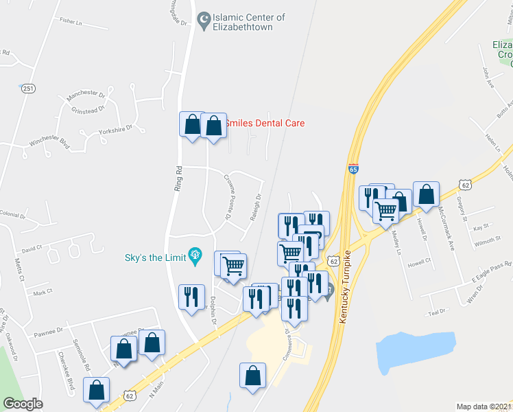 map of restaurants, bars, coffee shops, grocery stores, and more near Raleigh Way in Elizabethtown