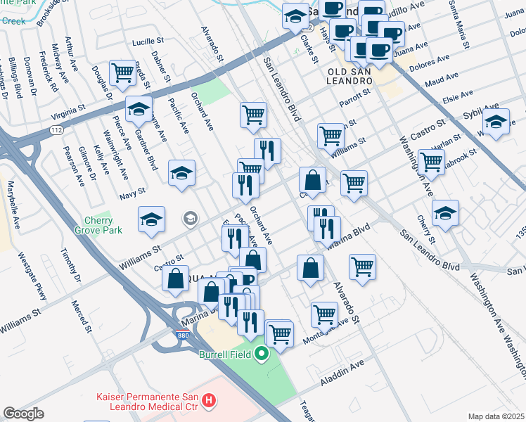 map of restaurants, bars, coffee shops, grocery stores, and more near 978 Castro Street in San Leandro