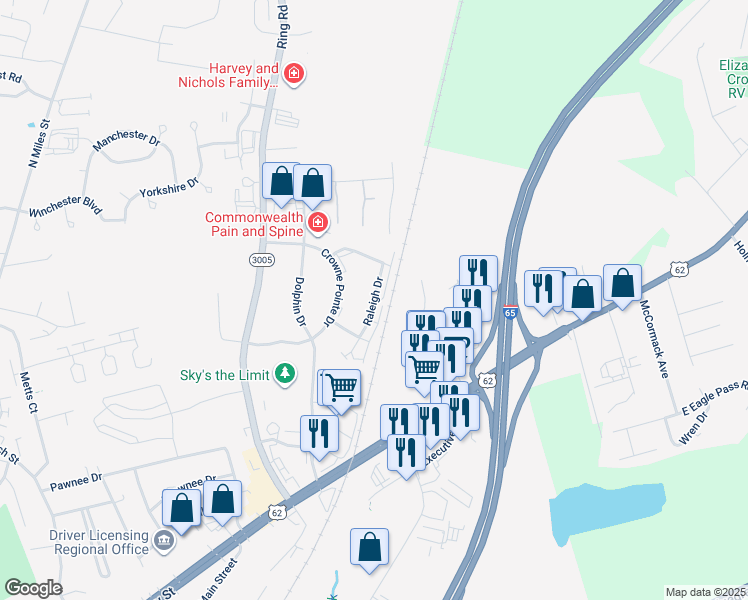 map of restaurants, bars, coffee shops, grocery stores, and more near 119 Raleigh Drive in Elizabethtown