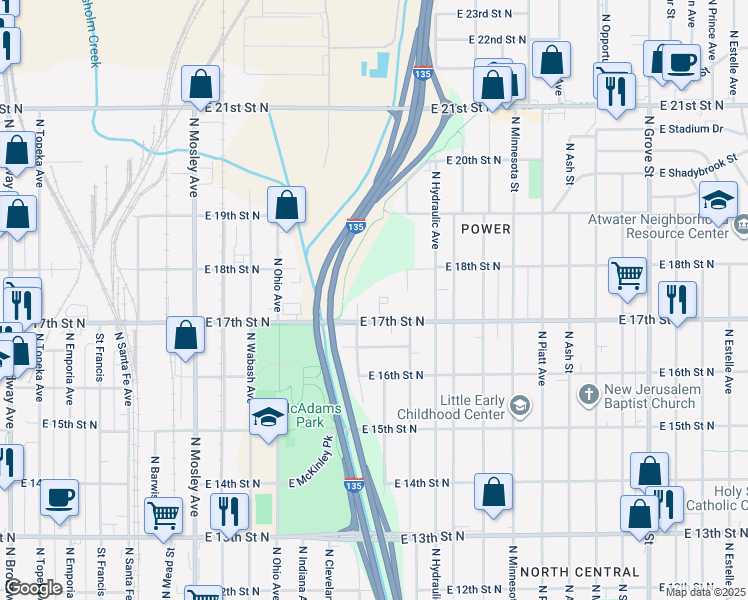 map of restaurants, bars, coffee shops, grocery stores, and more near 1524 East 17th Street North in Wichita