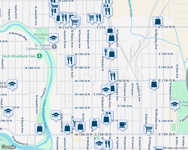 map of restaurants, bars, coffee shops, grocery stores, and more near 1818 North Park Place in Wichita