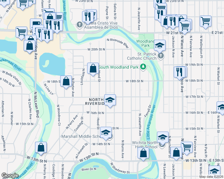 map of restaurants, bars, coffee shops, grocery stores, and more near 1822 North Salina Avenue in Wichita