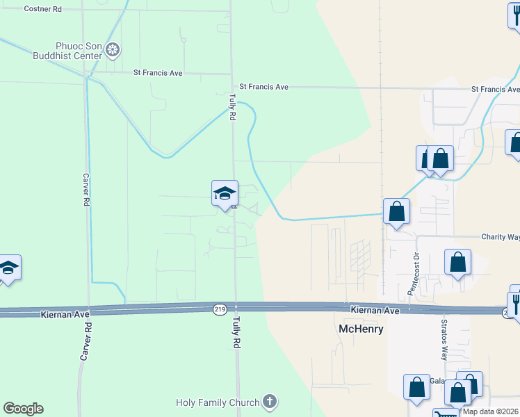 map of restaurants, bars, coffee shops, grocery stores, and more near 5306 Tully Road in Modesto