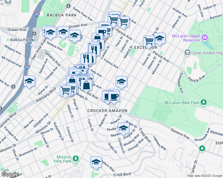 map of restaurants, bars, coffee shops, grocery stores, and more near 848 Edinburgh Street in San Francisco