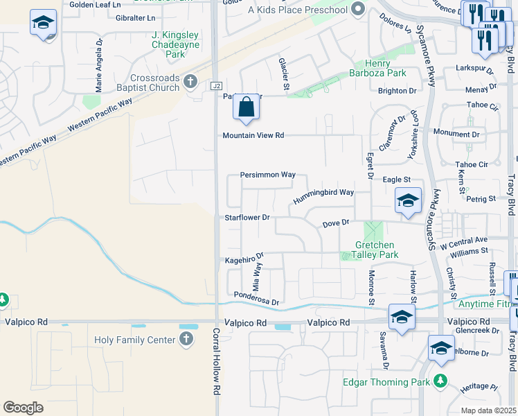 map of restaurants, bars, coffee shops, grocery stores, and more near 2008 Alhambra Court in Tracy