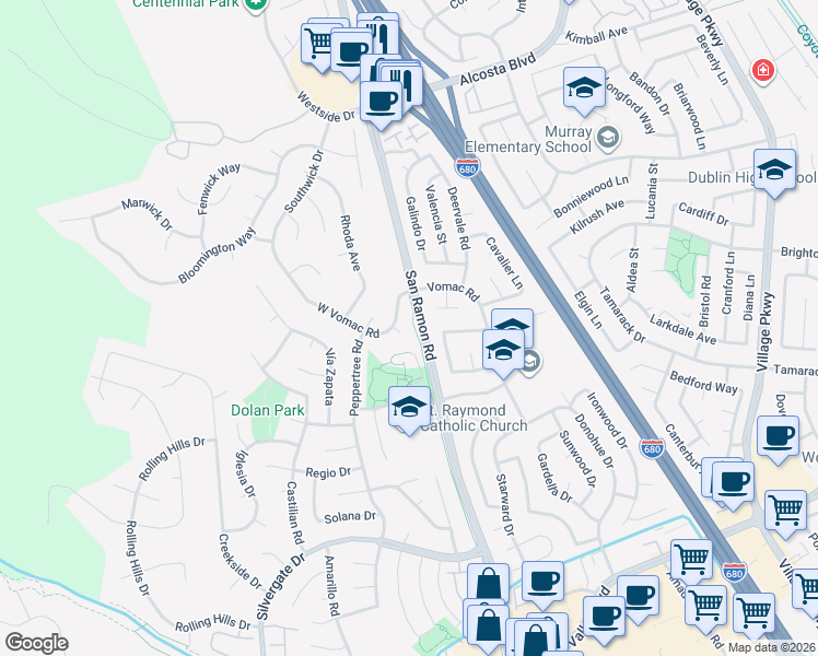 map of restaurants, bars, coffee shops, grocery stores, and more near 8146 Vomac Court in Dublin