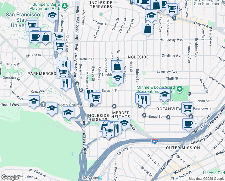 map of restaurants, bars, coffee shops, grocery stores, and more near Arch Street & Sargent Street in San Francisco