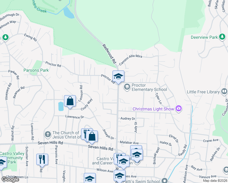map of restaurants, bars, coffee shops, grocery stores, and more near 4987 Buti Park Drive in Castro Valley