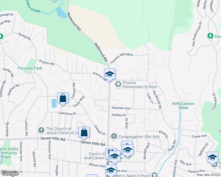 map of restaurants, bars, coffee shops, grocery stores, and more near 17520 Redwood Road in Castro Valley