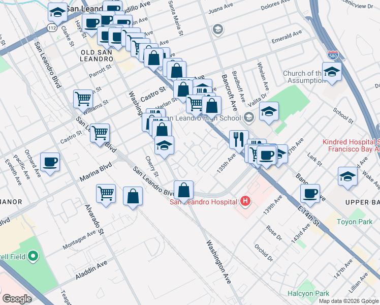 map of restaurants, bars, coffee shops, grocery stores, and more near 2441 Blackpool Lane in San Leandro