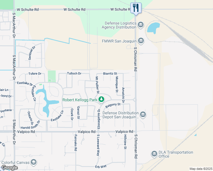map of restaurants, bars, coffee shops, grocery stores, and more near 1455 Montauban Court in Tracy