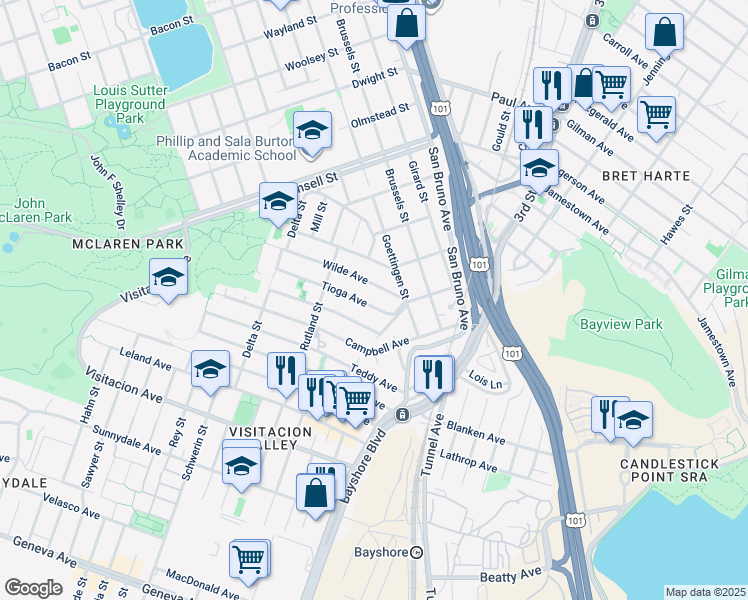 map of restaurants, bars, coffee shops, grocery stores, and more near 18 Tioga Avenue in San Francisco