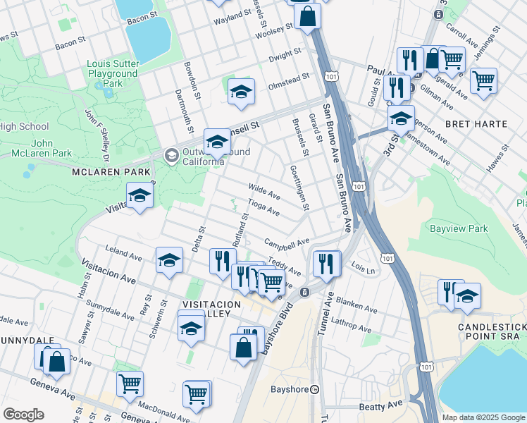 map of restaurants, bars, coffee shops, grocery stores, and more near 73 Tioga Avenue in San Francisco