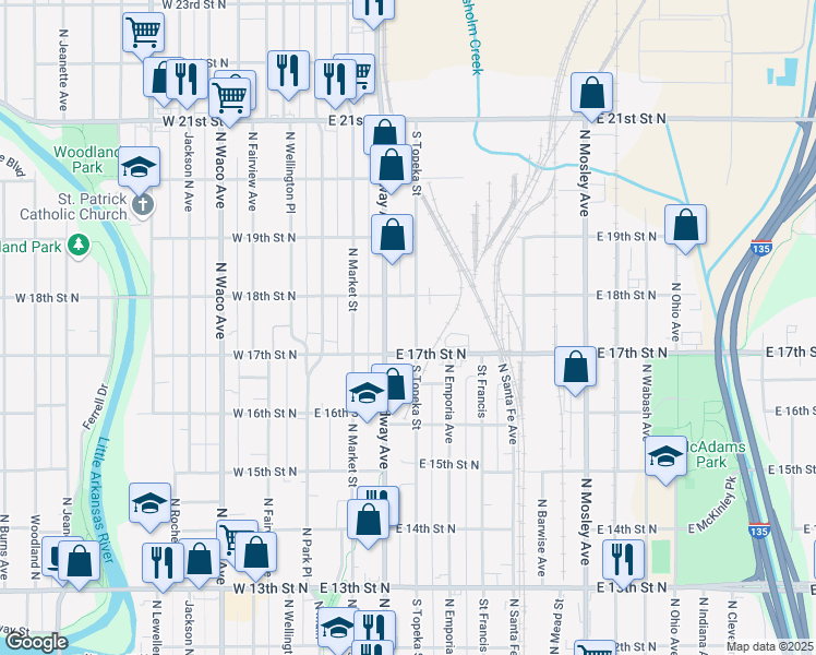 map of restaurants, bars, coffee shops, grocery stores, and more near 1845 North Topeka in Wichita