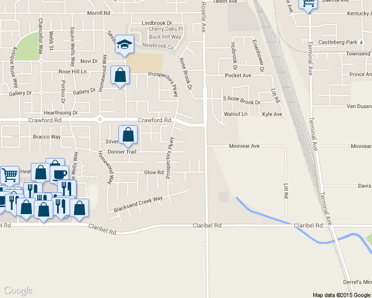 map of restaurants, bars, coffee shops, grocery stores, and more near 2831 Donner Trail in Riverbank