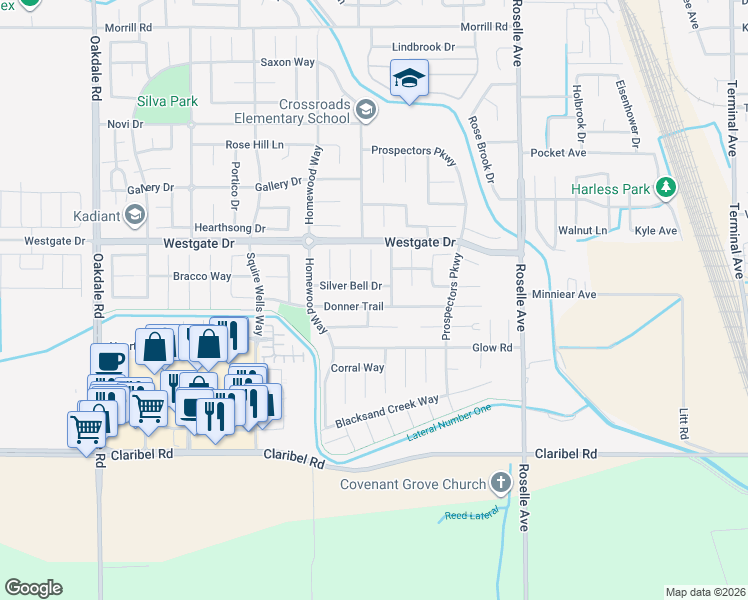 map of restaurants, bars, coffee shops, grocery stores, and more near 2701 Donner Trail in Riverbank