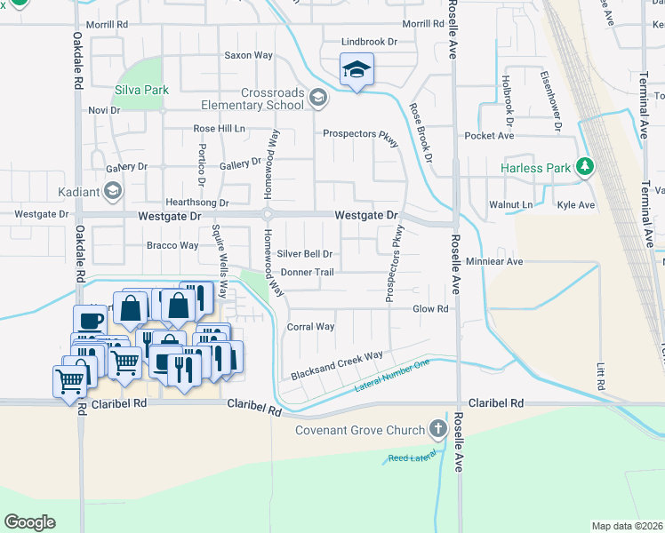 map of restaurants, bars, coffee shops, grocery stores, and more near 2701 Donner Trail in Riverbank