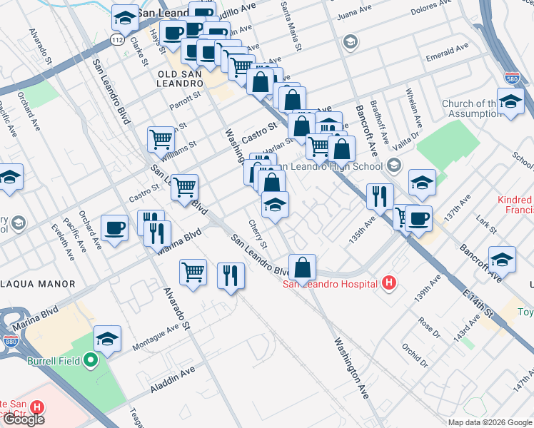 map of restaurants, bars, coffee shops, grocery stores, and more near 2251 Washington Avenue in San Leandro