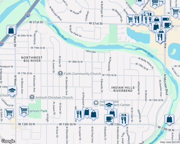 map of restaurants, bars, coffee shops, grocery stores, and more near 1804 Clayton Street in Wichita