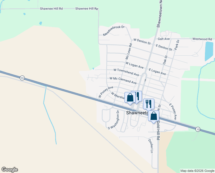 map of restaurants, bars, coffee shops, grocery stores, and more near 301 West Posey Court in Shawneetown