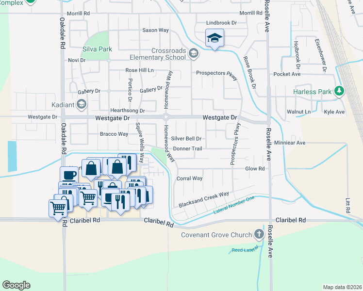 map of restaurants, bars, coffee shops, grocery stores, and more near 2639 Donner Trail in Riverbank