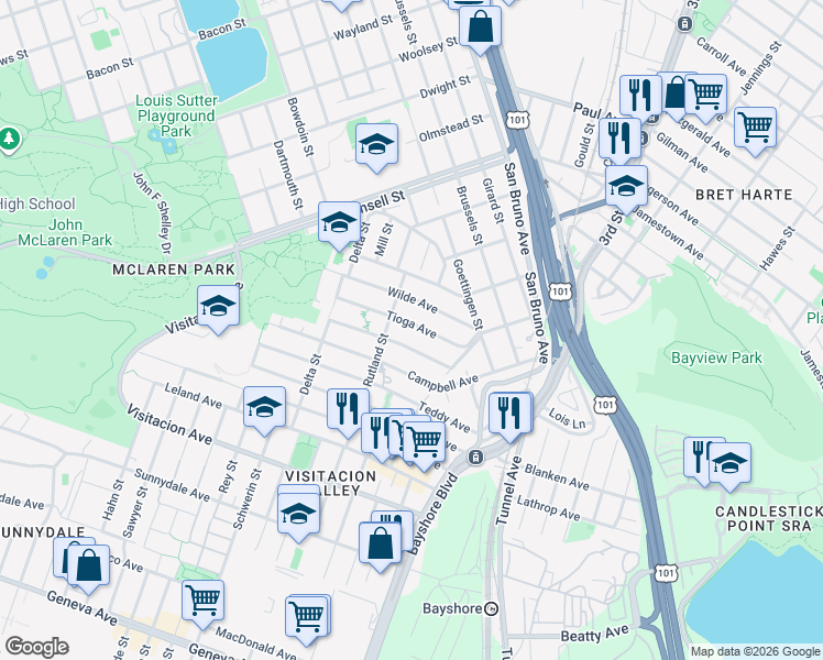 map of restaurants, bars, coffee shops, grocery stores, and more near 59 Tioga Avenue in San Francisco