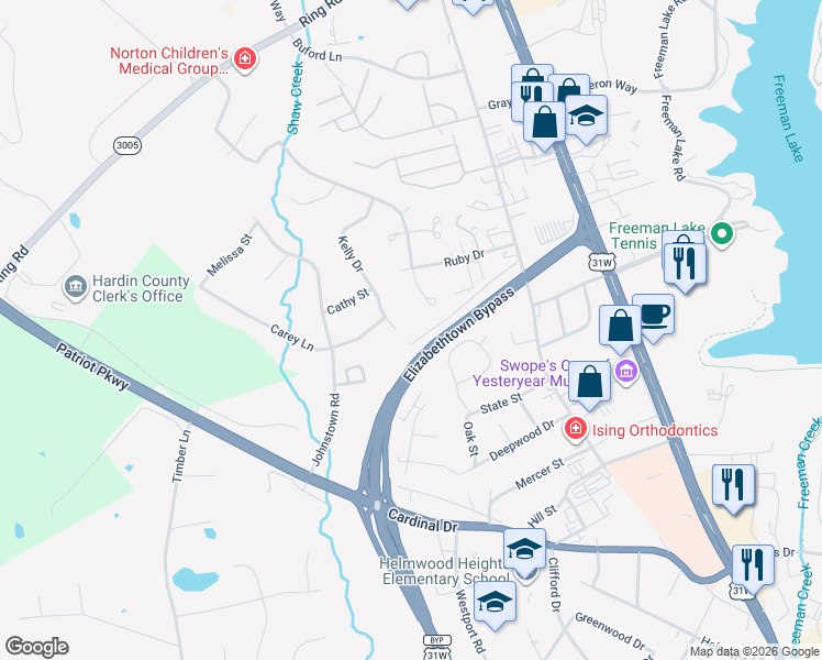 map of restaurants, bars, coffee shops, grocery stores, and more near 1201 Kelly Drive in Elizabethtown