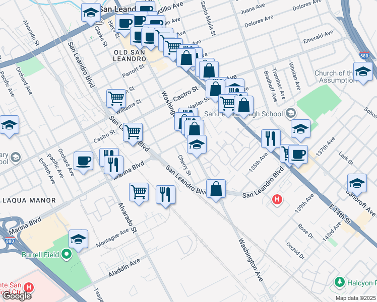 map of restaurants, bars, coffee shops, grocery stores, and more near 2271 Washington Avenue in San Leandro