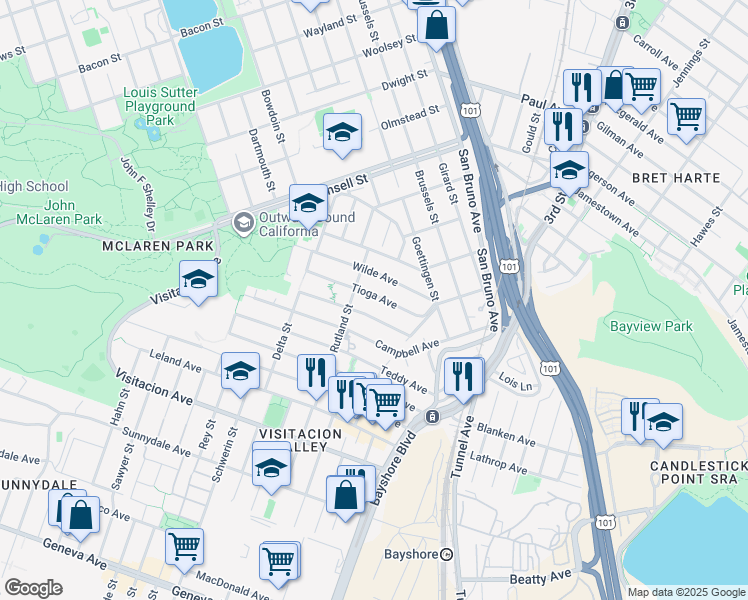 map of restaurants, bars, coffee shops, grocery stores, and more near 73 Tioga Avenue in San Francisco