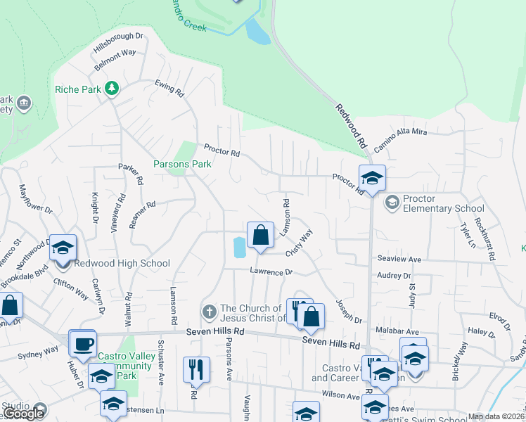 map of restaurants, bars, coffee shops, grocery stores, and more near 17926 Joseph Drive in Castro Valley