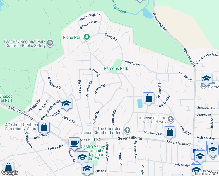 map of restaurants, bars, coffee shops, grocery stores, and more near 18052 Jaymark Court in Castro Valley