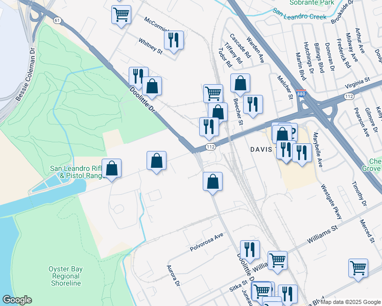 map of restaurants, bars, coffee shops, grocery stores, and more near 1001-1085 Doolittle Dr in San Leandro
