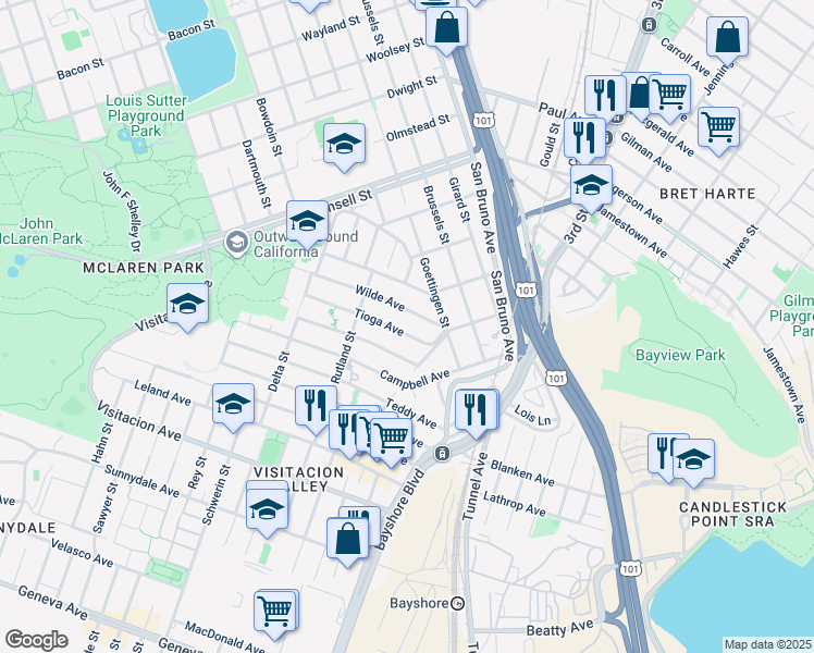 map of restaurants, bars, coffee shops, grocery stores, and more near 18 Tioga Avenue in San Francisco