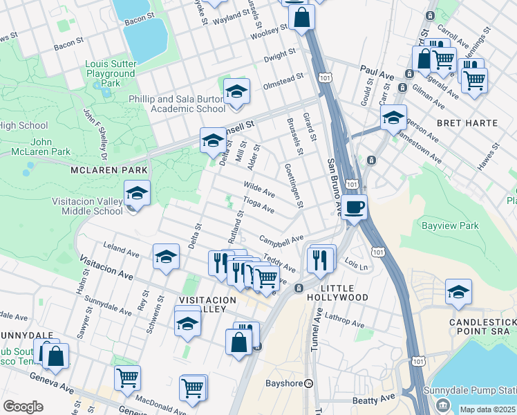 map of restaurants, bars, coffee shops, grocery stores, and more near 59 Tioga Avenue in San Francisco
