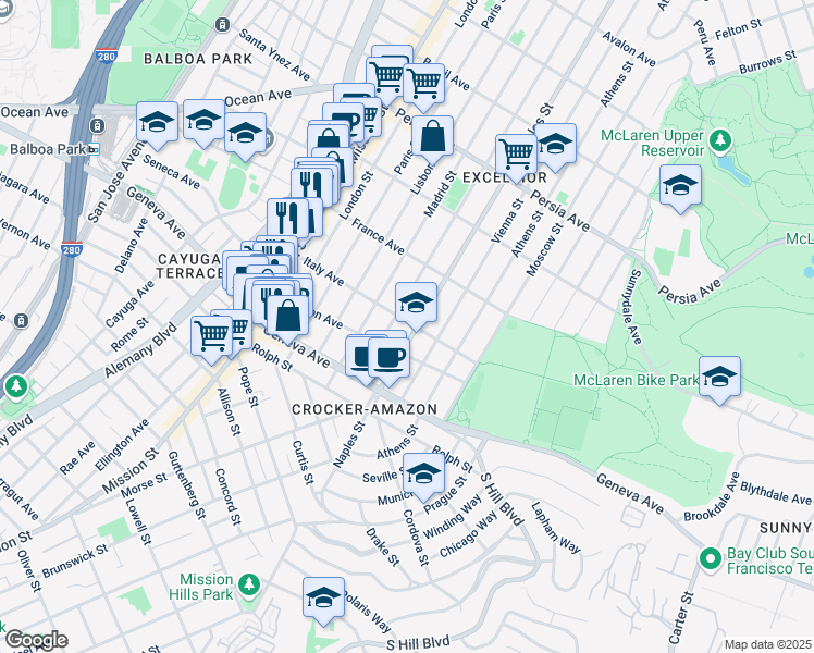 map of restaurants, bars, coffee shops, grocery stores, and more near 600 Italy Avenue in San Francisco