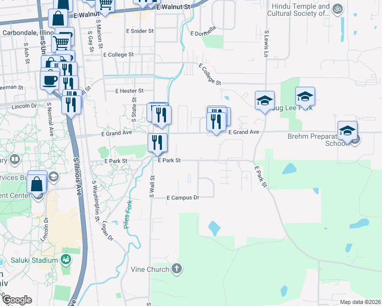 map of restaurants, bars, coffee shops, grocery stores, and more near 704 East Park Street in Carbondale