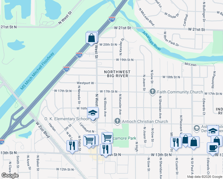 map of restaurants, bars, coffee shops, grocery stores, and more near 1811 North McComas Street in Wichita