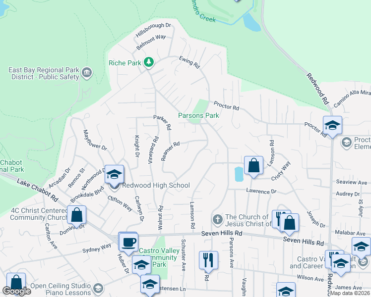 map of restaurants, bars, coffee shops, grocery stores, and more near 18052 Jaymark Court in Castro Valley